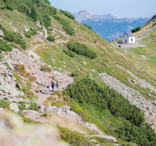 A family is hiking on the Villanderes mountain pasture