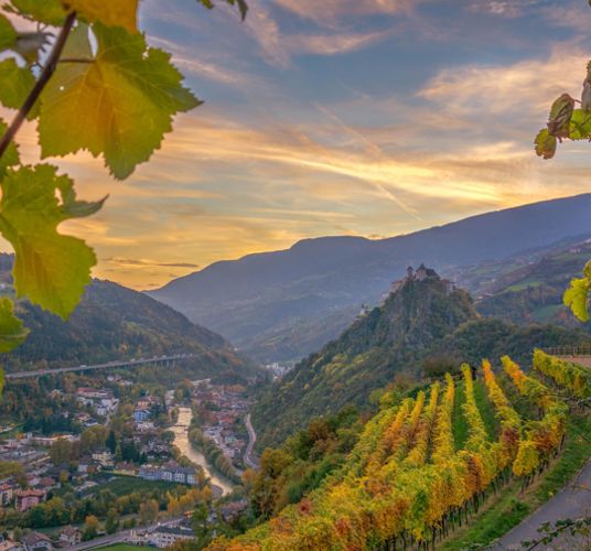 Vista su Chiusa e i suoi vigneti di sera