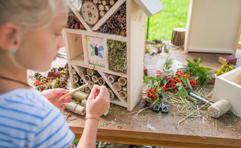 Una bambina costruisce una casetta per insetti